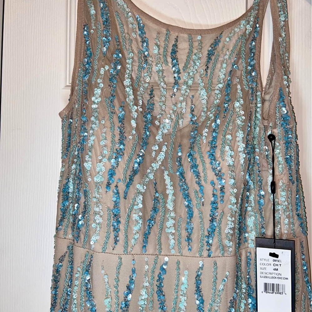 ISO:  Adrianna Papell Nude and Teal Sequin Gown